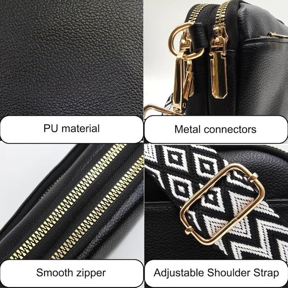 Lightweight Women's Crossbody Bag - Triple Zipper Vegan Leather Handbag, Black - Picture 4 of 6